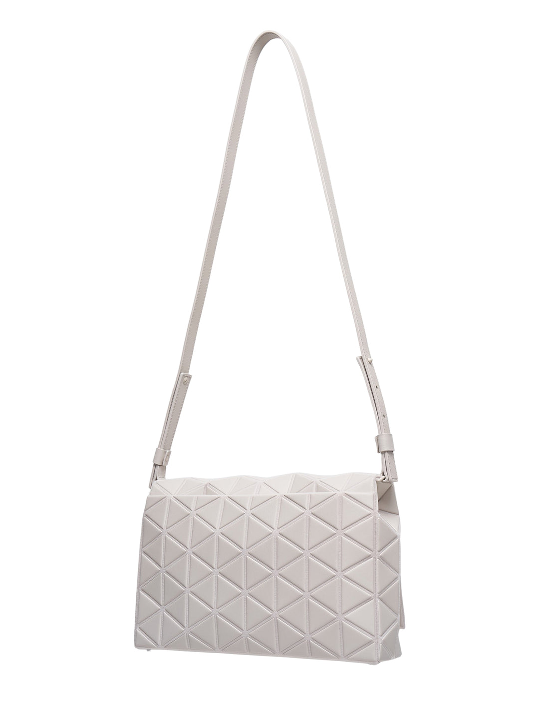 Bao Bao Issey Miyake Fossette Large Shoulder Bag in light grey with all-over geometric triangle relief panelling and adjustable flat shoulder strap, shown on a white background - view 2
