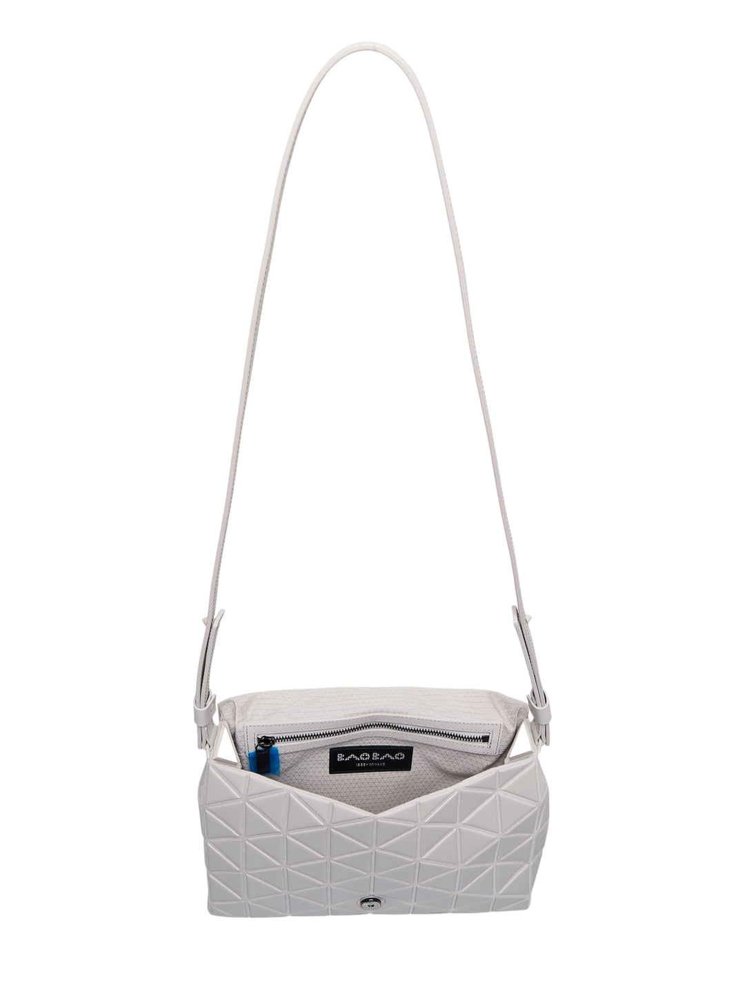 Bao Bao Issey Miyake Fossette Large Shoulder Bag in light grey with all-over geometric triangle relief panelling and adjustable flat shoulder strap, shown on a white background - view 3