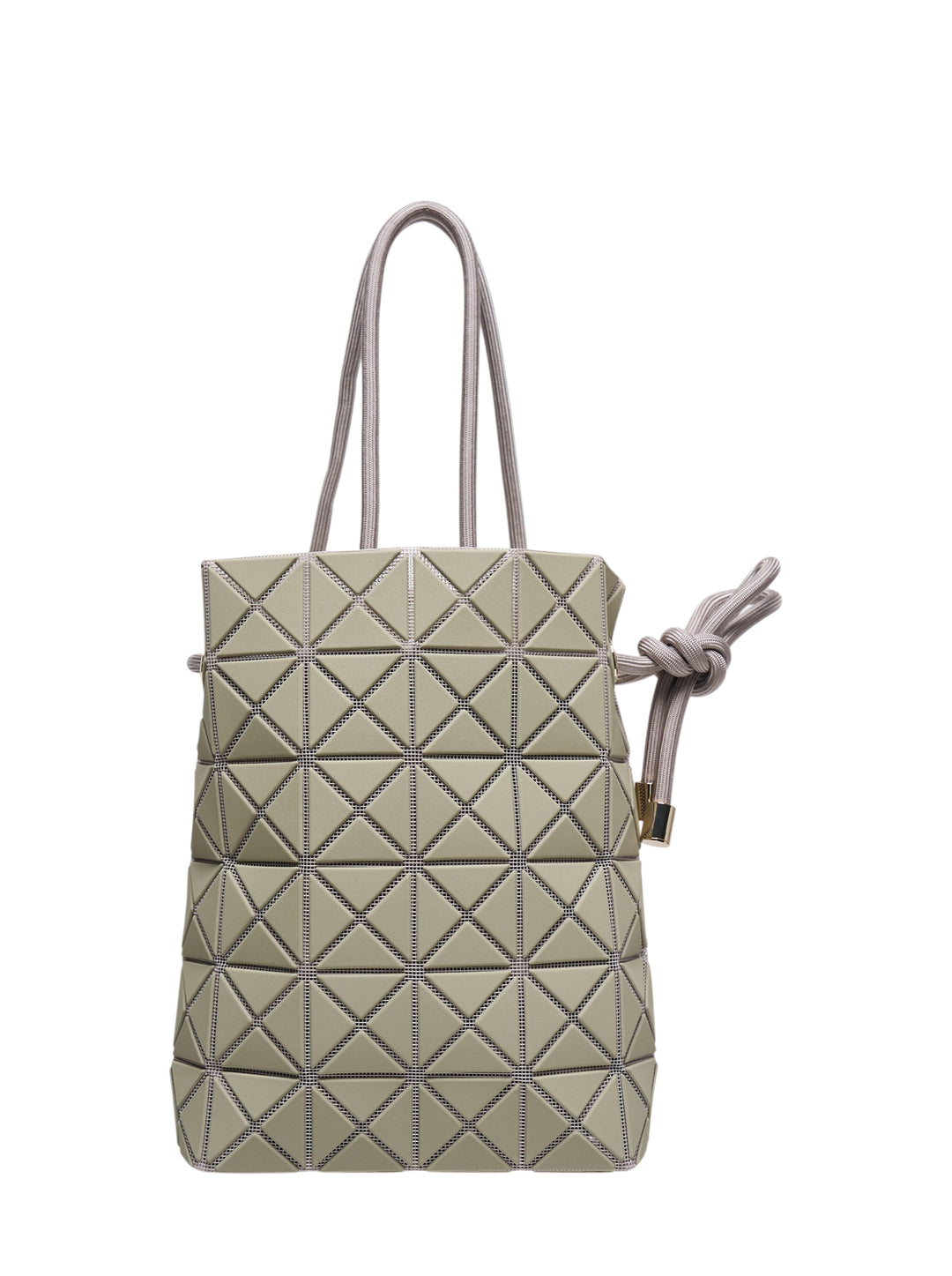 Bao Bao Issey Miyake WRING CLAY Shoulder Bag in sage green with interlocking triangular tile panels, braided rope handles, and knotted drawstring closure