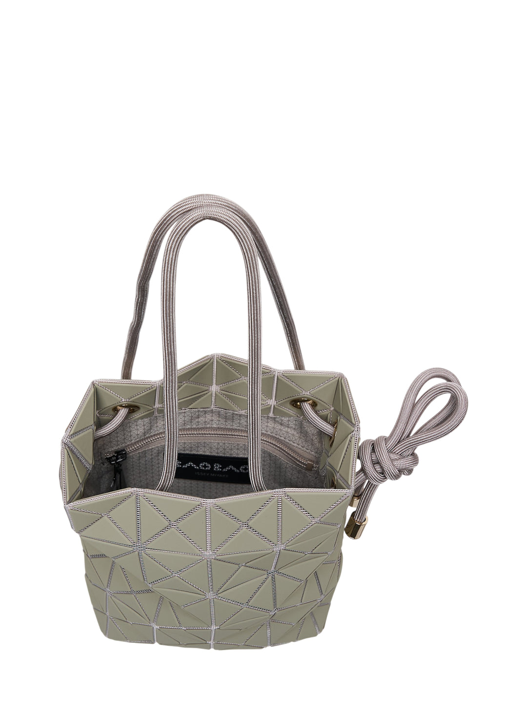 Bao Bao Issey Miyake WRING CLAY Shoulder Bag in sage green with interlocking triangular tile panels, braided rope handles, and knotted drawstring closure - view 3