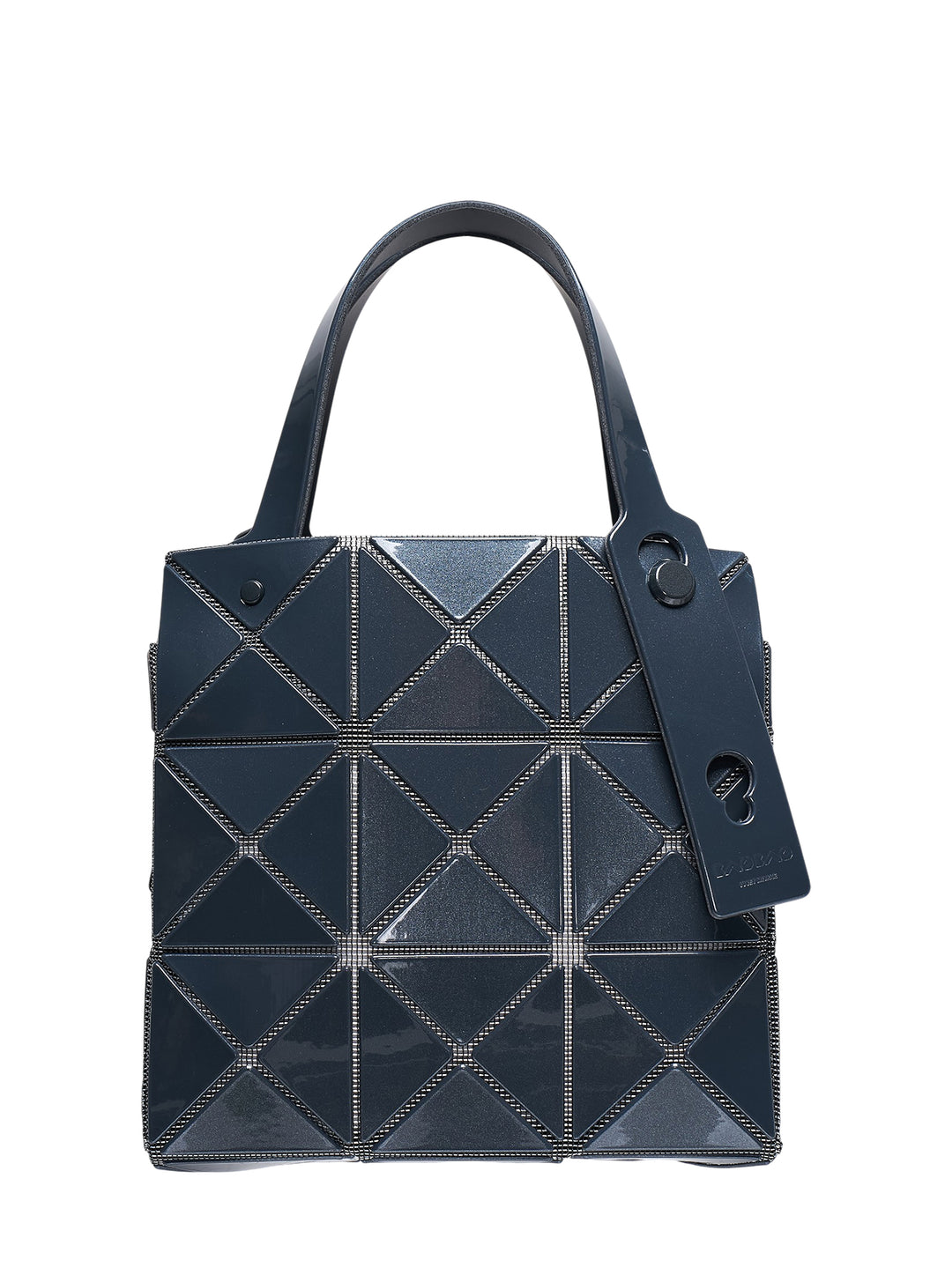 Bao Bao Issey Miyake Carat Small Top Handle bag in midnight navy with geometric triangular prism panels outlined in metallic silver ribbing and a single structured top handle