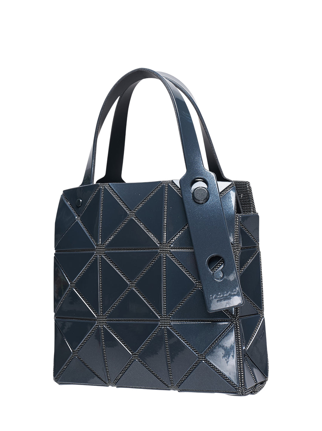 Bao Bao Issey Miyake Carat Small Top Handle bag in midnight navy with geometric triangular prism panels outlined in metallic silver ribbing and a single structured top handle - view 2