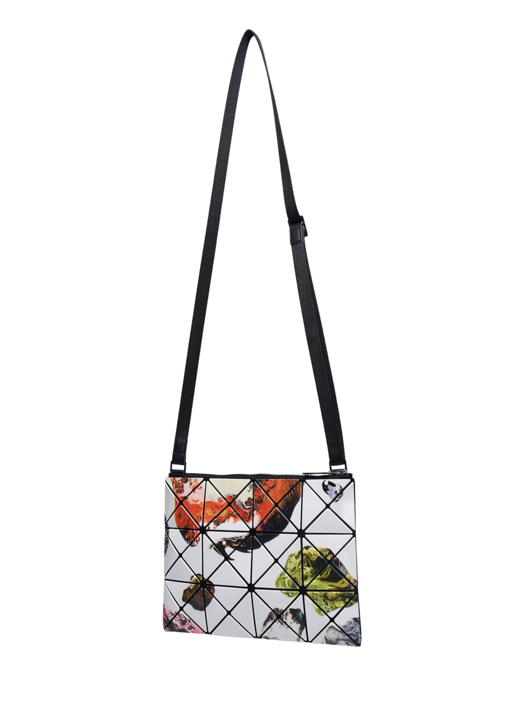 Bao Bao Issey Miyake Cosmic Crossbody Bag with geometric triangulated tile panels featuring an abstract photographic print in white, black, teal, and gold, with an adjustable black strap and silver-tone hardware - view 2