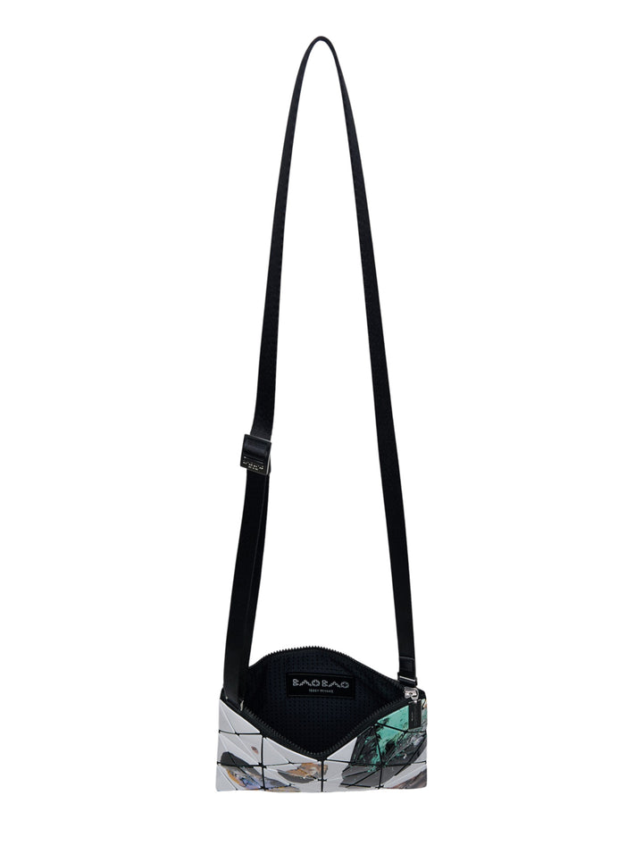 Bao Bao Issey Miyake Cosmic Crossbody Bag with geometric triangulated tile panels featuring an abstract photographic print in white, black, teal, and gold, with an adjustable black strap and silver-tone hardware - view 3
