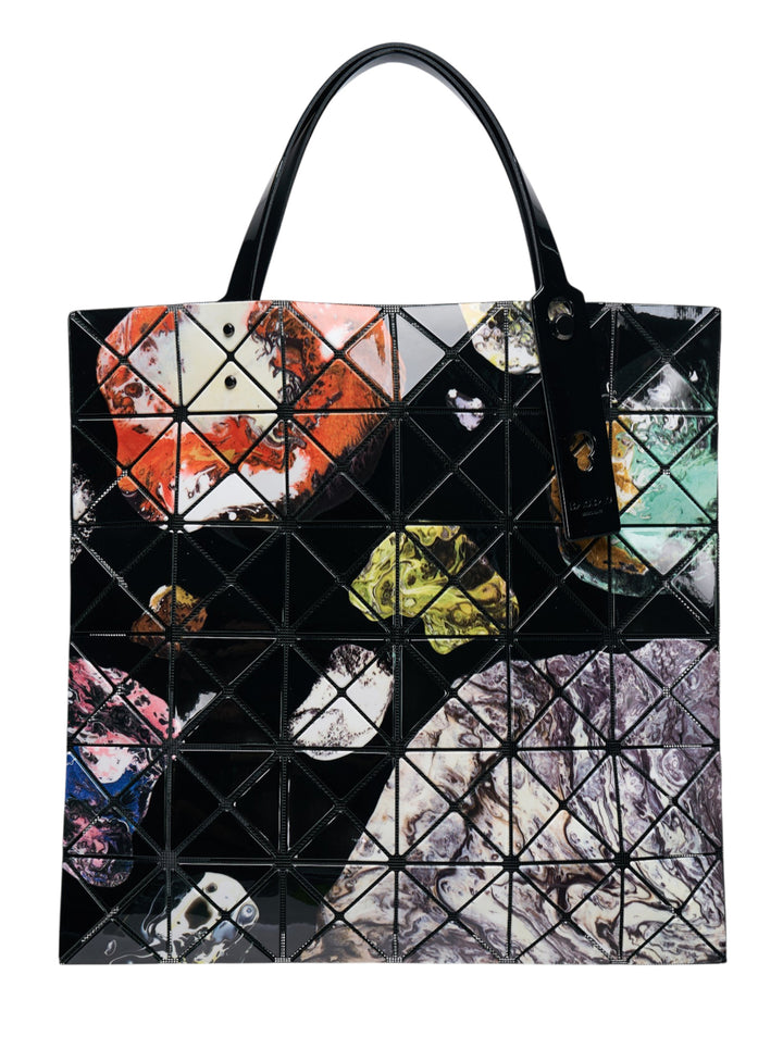 Bao Bao Issey Miyake Cosmic Tote in multicolour abstract print with signature geometric triangular panel construction and black patent handles