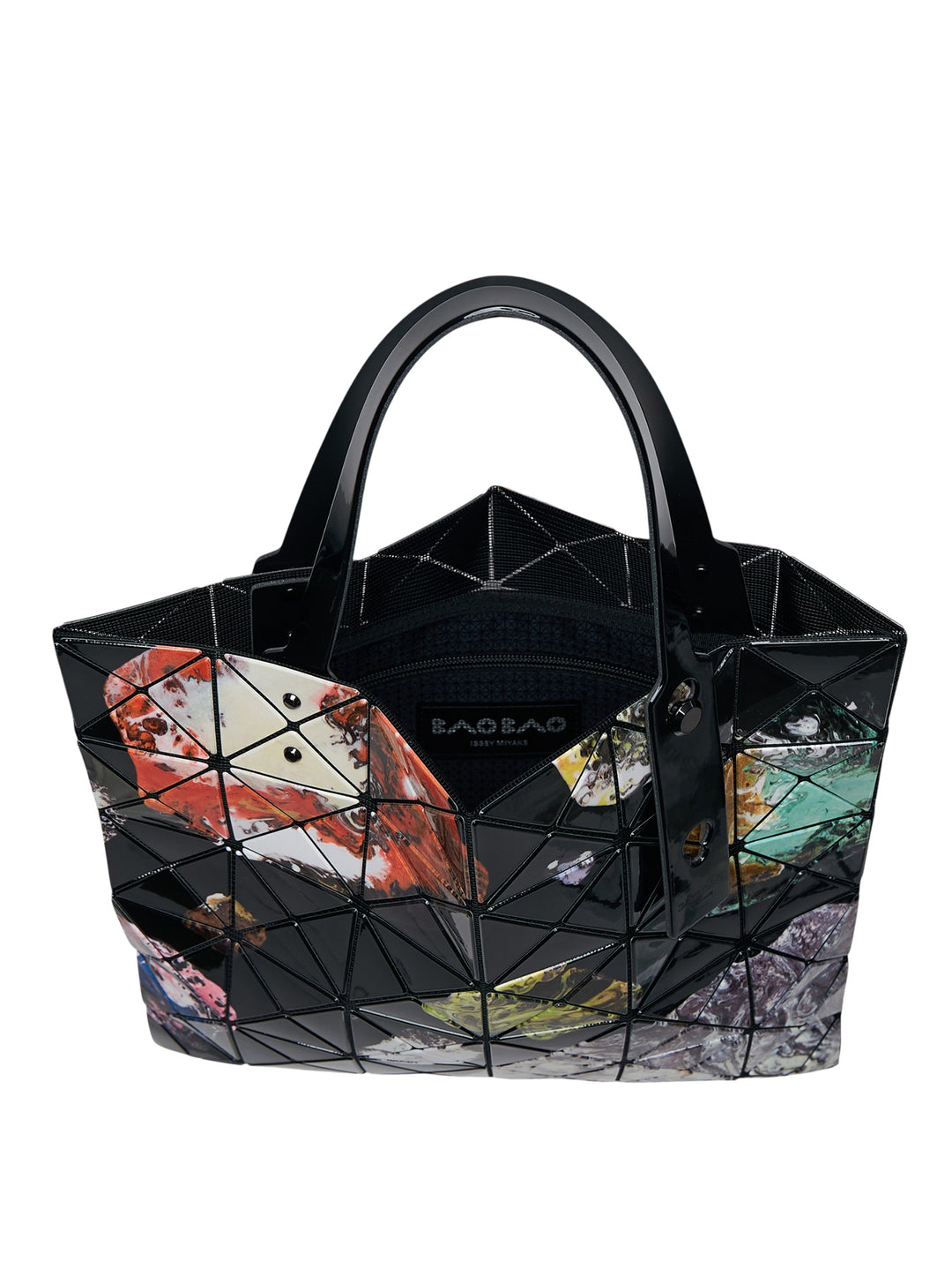 Bao Bao Issey Miyake Cosmic Tote in multicolour abstract print with signature geometric triangular panel construction and black patent handles - view 3