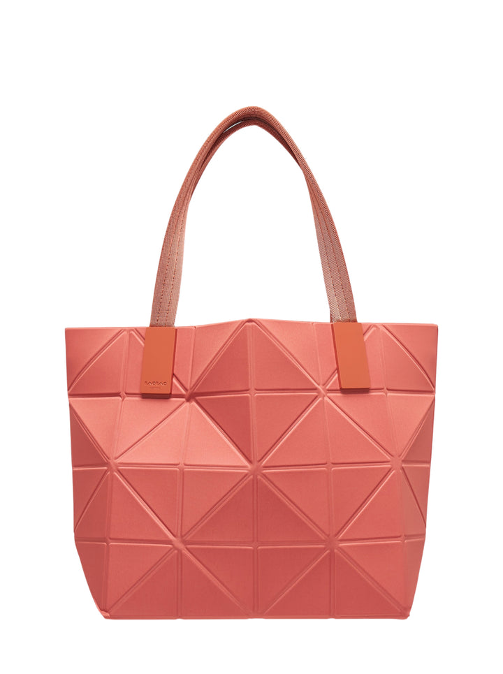 Bao Bao Issey Miyake Track small tote bag in coral with geometric triangle pattern and woven top handles