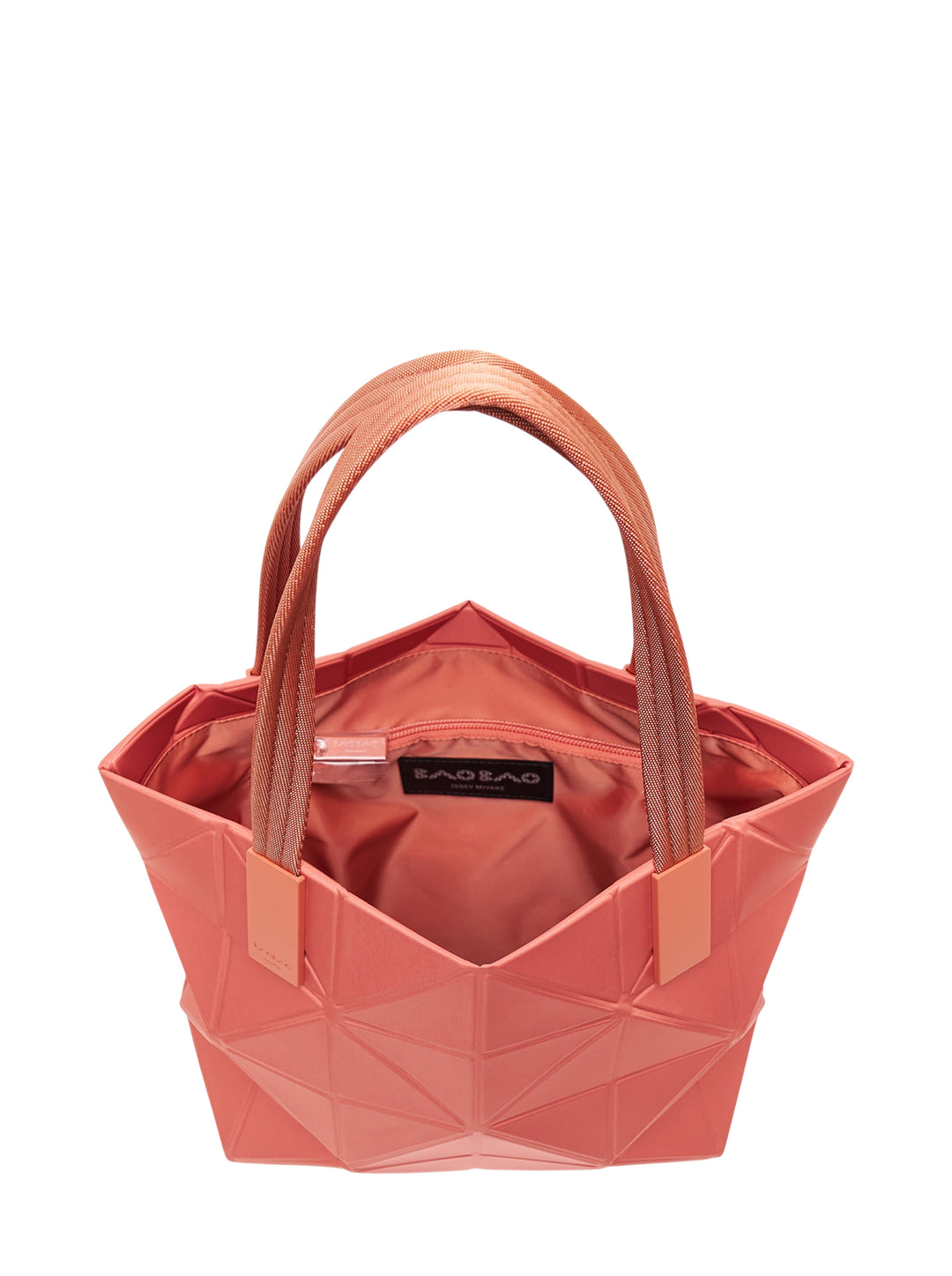Bao Bao Issey Miyake Track small tote bag in coral with geometric triangle pattern and woven top handles - view 3