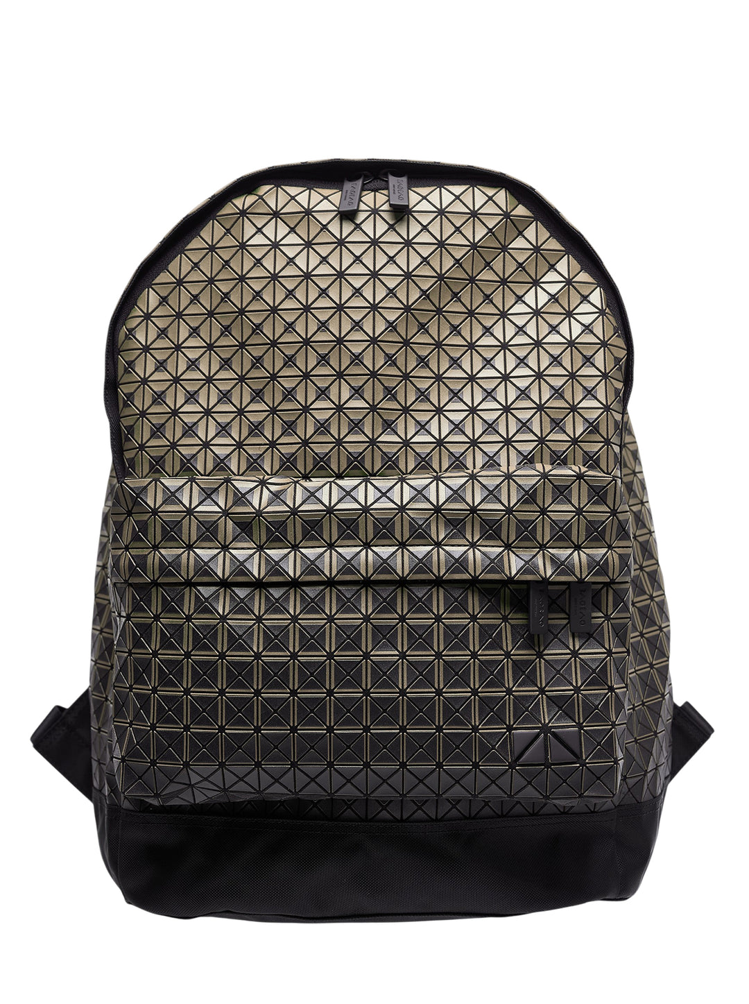 Bao Bao Issey Miyake Daypack Gradual backpack with gold-to-black geometric triangular tile panels, front zip pocket, and black textile base