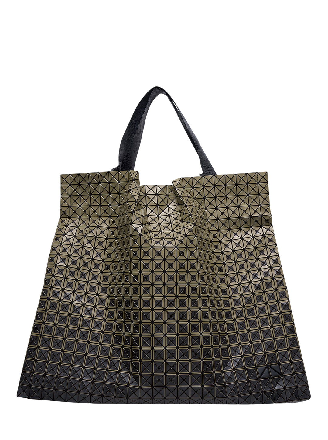 Bao Bao Issey Miyake Cart Gradual tote bag featuring interlocking geometric triangular panels in an ombré gradient from olive green at the top to black at the base, with flat black shoulder handles