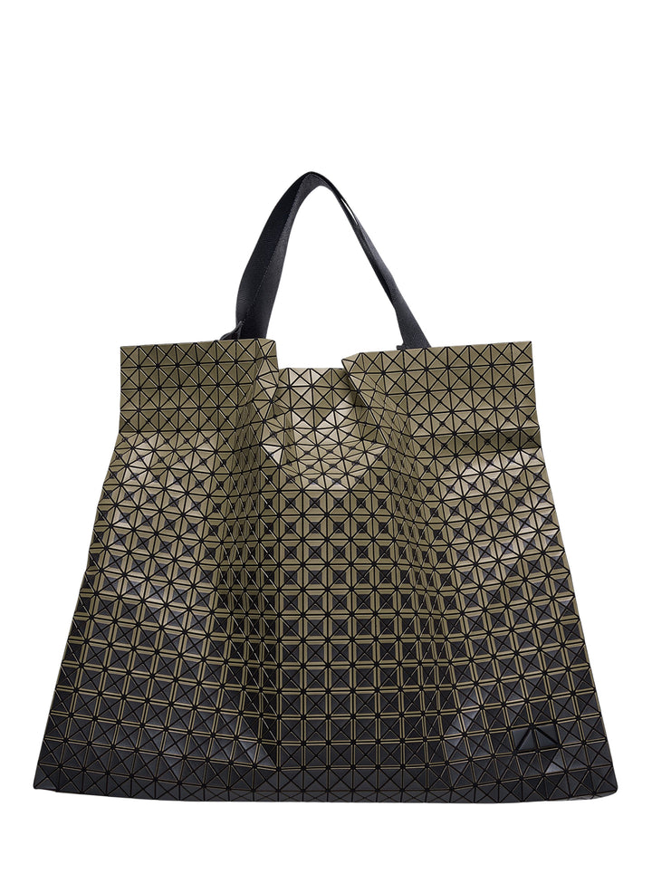 Bao Bao Issey Miyake Cart Gradual tote bag featuring interlocking geometric triangular panels in an ombré gradient from olive green at the top to black at the base, with flat black shoulder handles