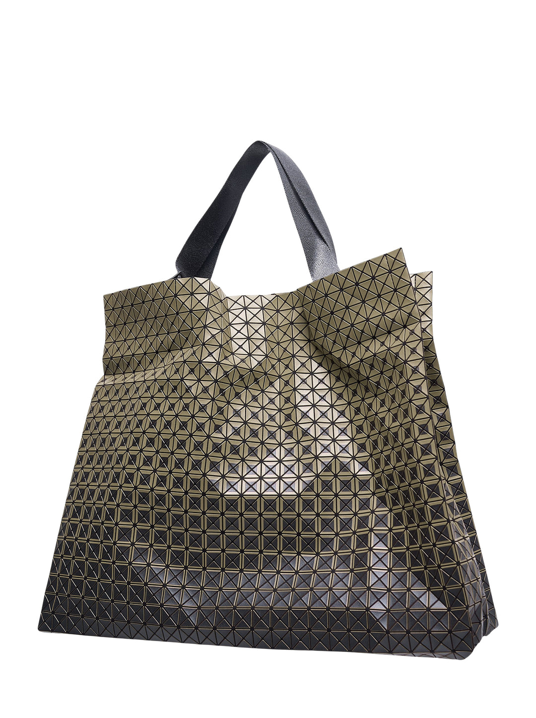 Bao Bao Issey Miyake Cart Gradual tote bag featuring interlocking geometric triangular panels in an ombré gradient from olive green at the top to black at the base, with flat black shoulder handles - view 2