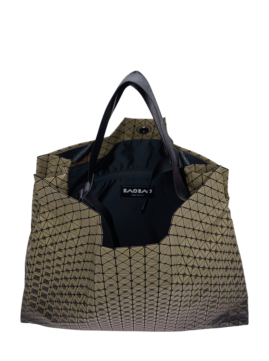 Bao Bao Issey Miyake Cart Gradual tote bag featuring interlocking geometric triangular panels in an ombré gradient from olive green at the top to black at the base, with flat black shoulder handles - view 3