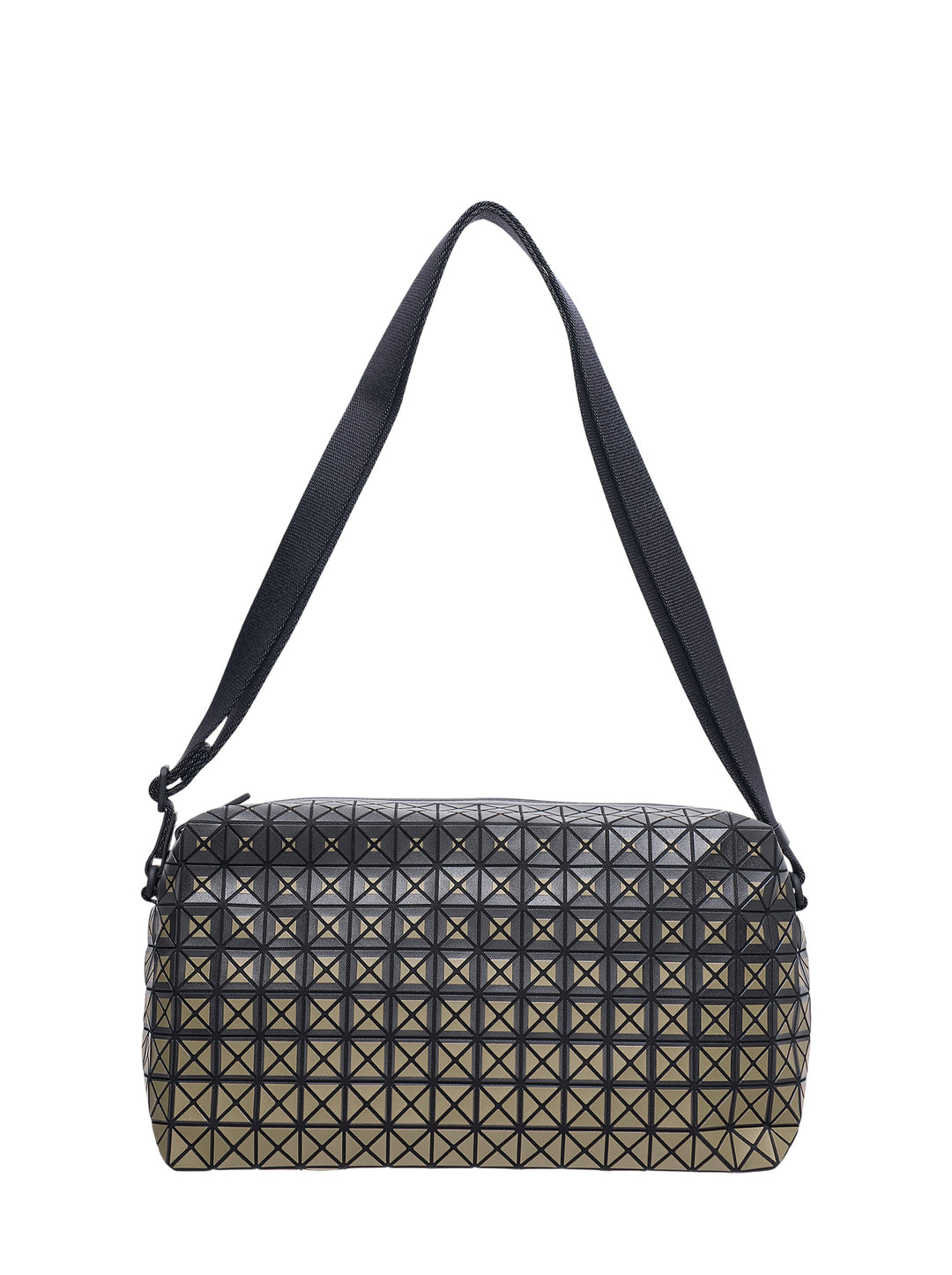 Bao Bao Issey Miyake Saddle Bag Gradual in geometric triangular panel construction with a charcoal-to-bronze gradient finish and adjustable black nylon crossbody strap