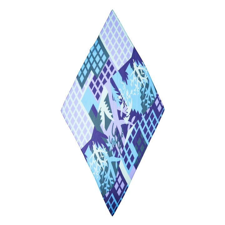 me Issey Miyake Building Pleats Stole in diamond silhouette featuring a tonal blue and violet geometric lattice pattern with botanical motifs and signature pleat construction
