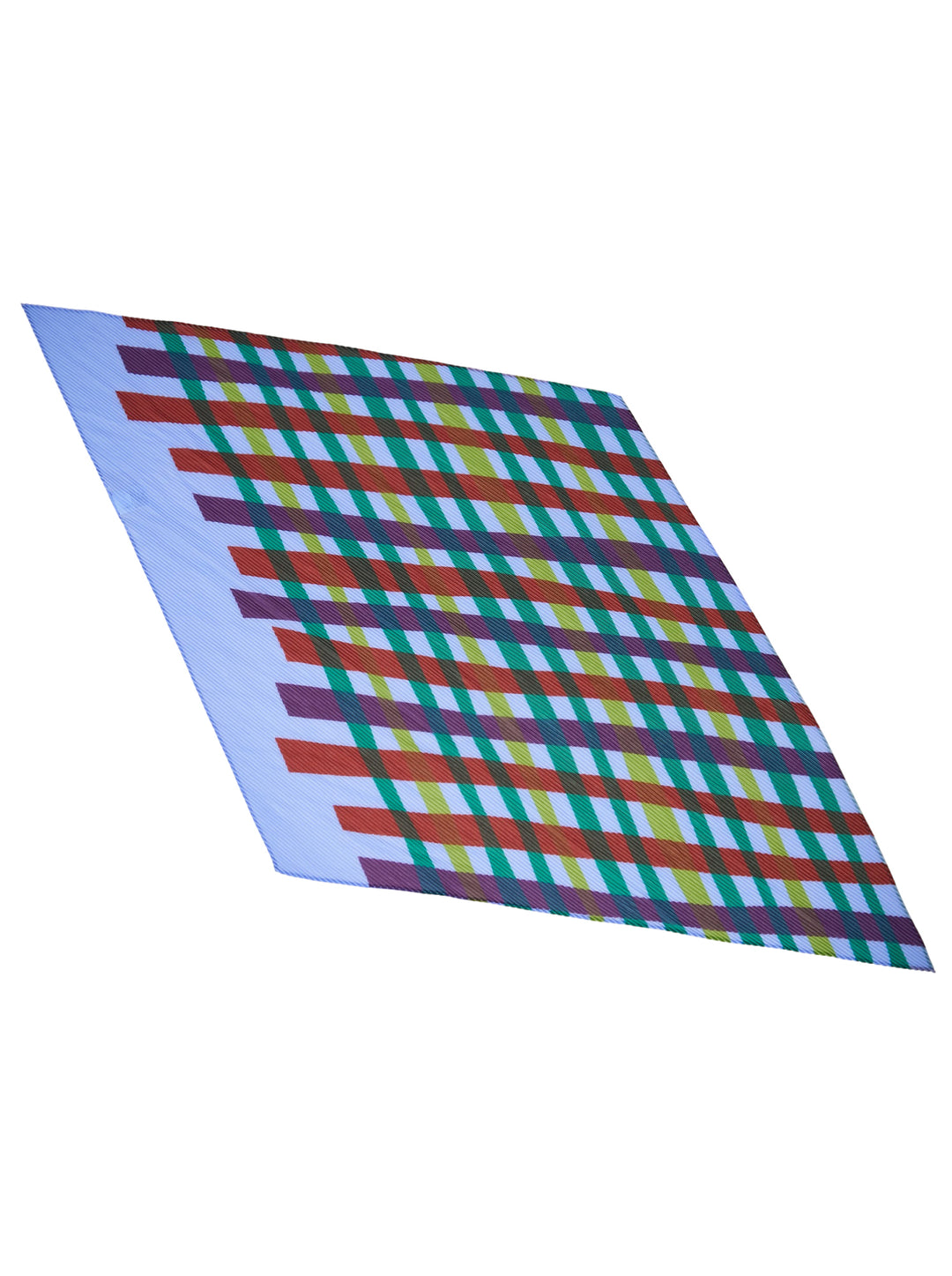 me Issey Miyake Tape Check Pleats Stole in a pleated pale blue fabric with a multicolour red, purple, green and chartreuse check print