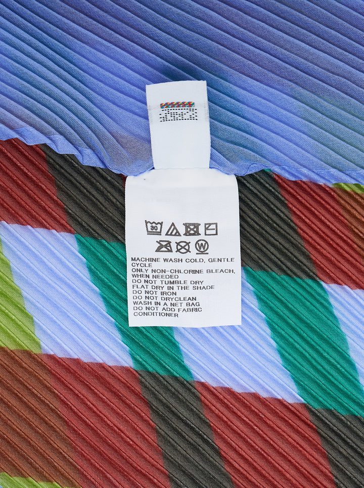 me Issey Miyake Tape Check Pleats Stole in a pleated pale blue fabric with a multicolour red, purple, green and chartreuse check print - view 2