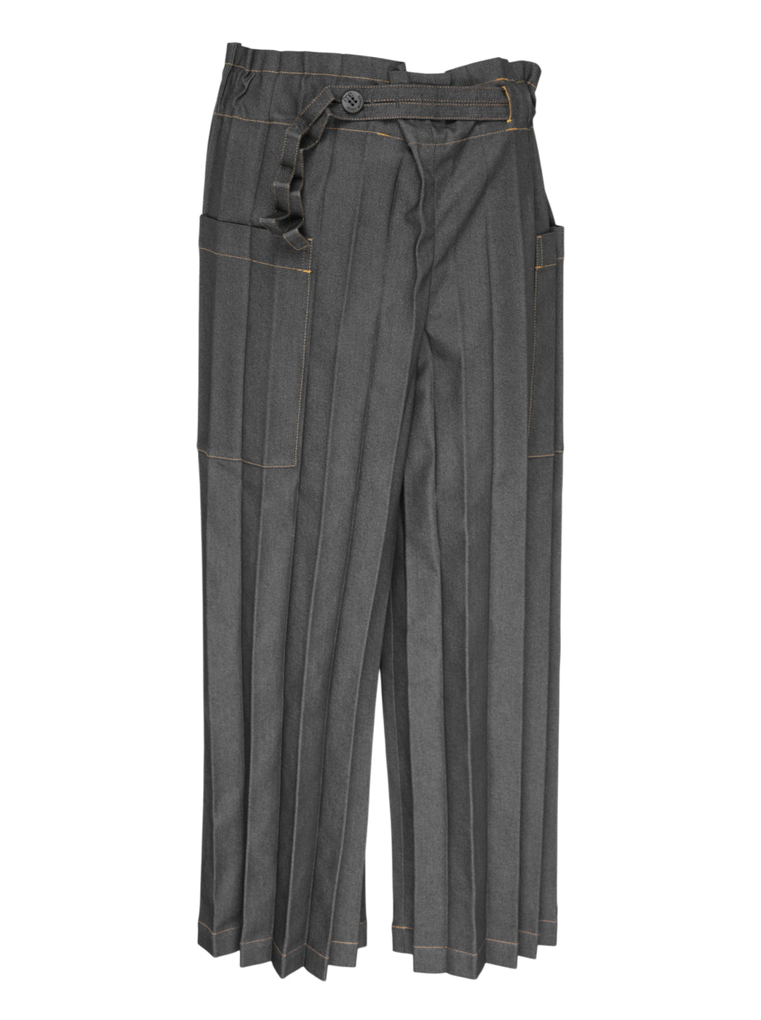 me Issey Miyake Denim Pleats Bottom in grey — wide-leg pleated pants with contrast amber topstitching, asymmetric wraparound waistband, single button closure, and patch pockets
