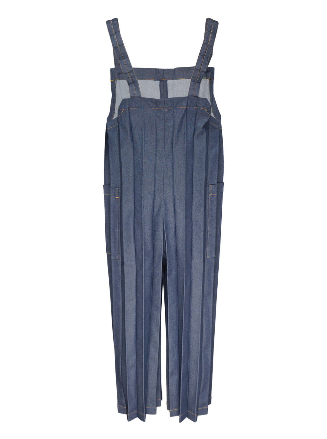 me Issey Miyake Denim Pleats Bottom jumpsuit in raw indigo denim, featuring deep vertical pleats, a square bib, knotted bow shoulder straps, patch hip pockets, and golden contrast topstitching - view 2