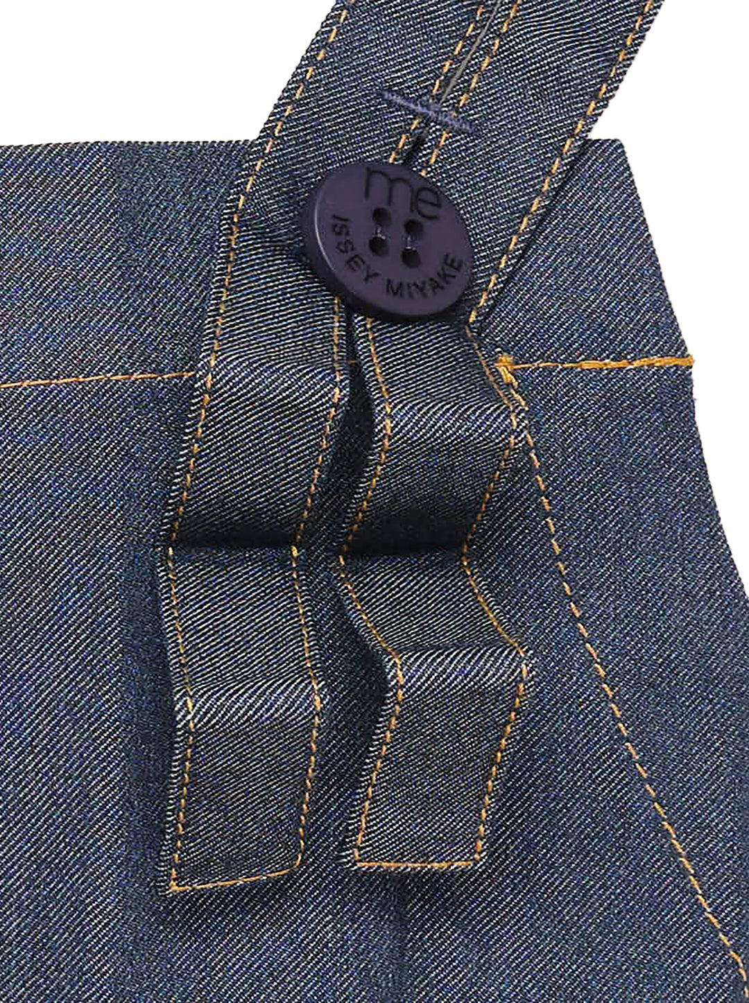 me Issey Miyake Denim Pleats Bottom jumpsuit in raw indigo denim, featuring deep vertical pleats, a square bib, knotted bow shoulder straps, patch hip pockets, and golden contrast topstitching - view 3