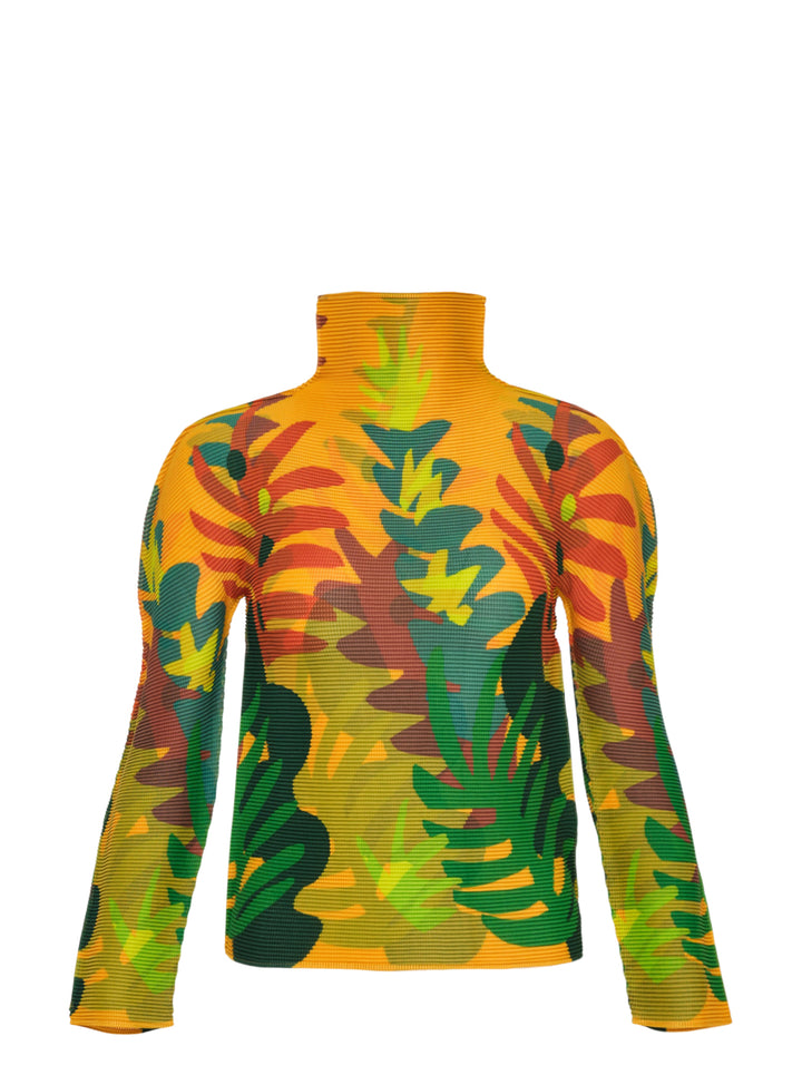 me Issey Miyake Jungle long sleeve turtleneck pleated top with a vibrant abstract botanical print in amber, green, teal, and red tones