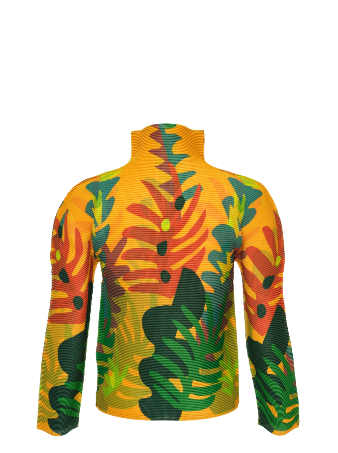 me Issey Miyake Jungle long sleeve turtleneck pleated top with a vibrant abstract botanical print in amber, green, teal, and red tones - view 2