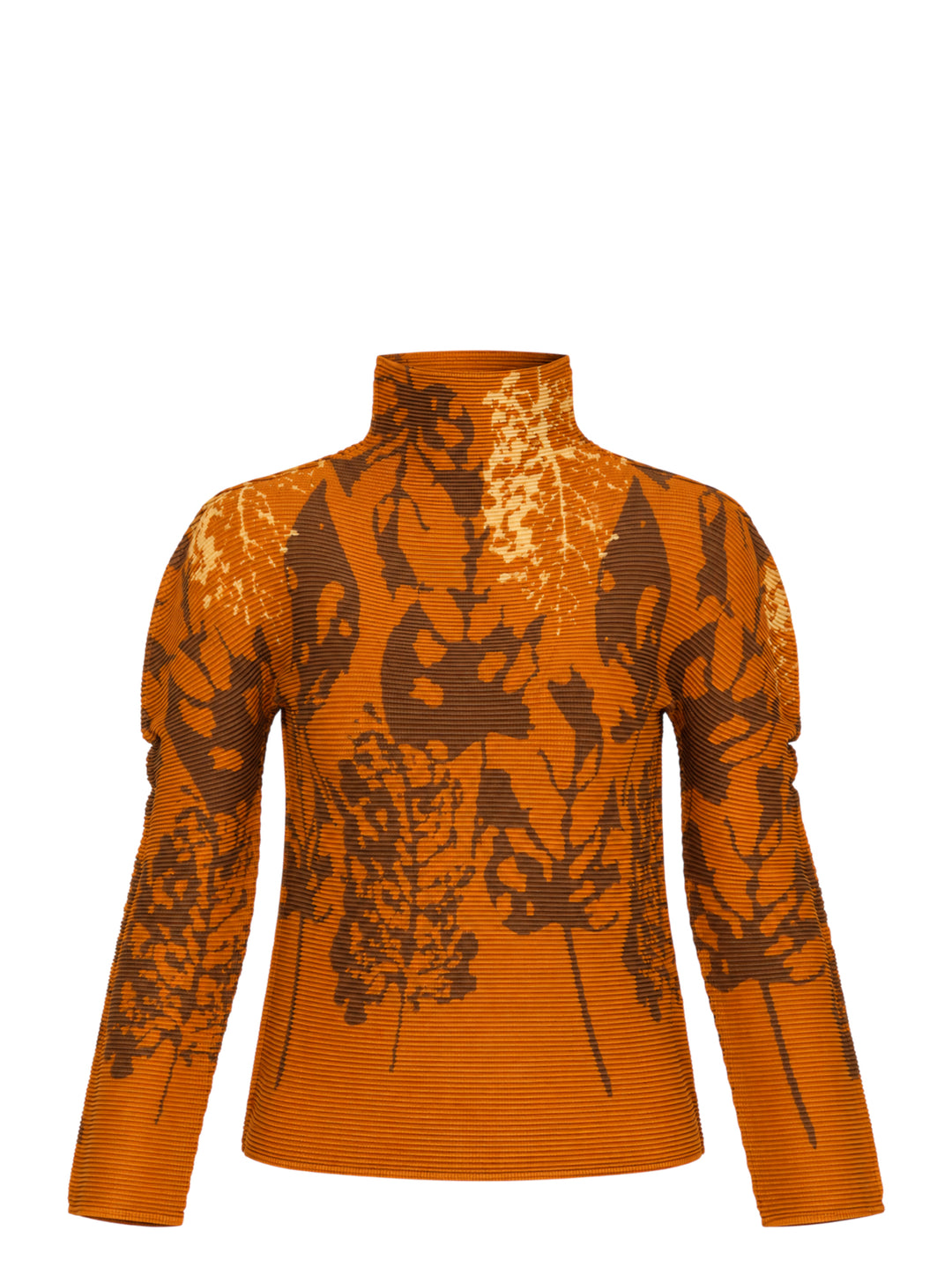 me Issey Miyake LEAF long sleeve high neck pleated top in amber orange with brown and pale gold botanical leaf print