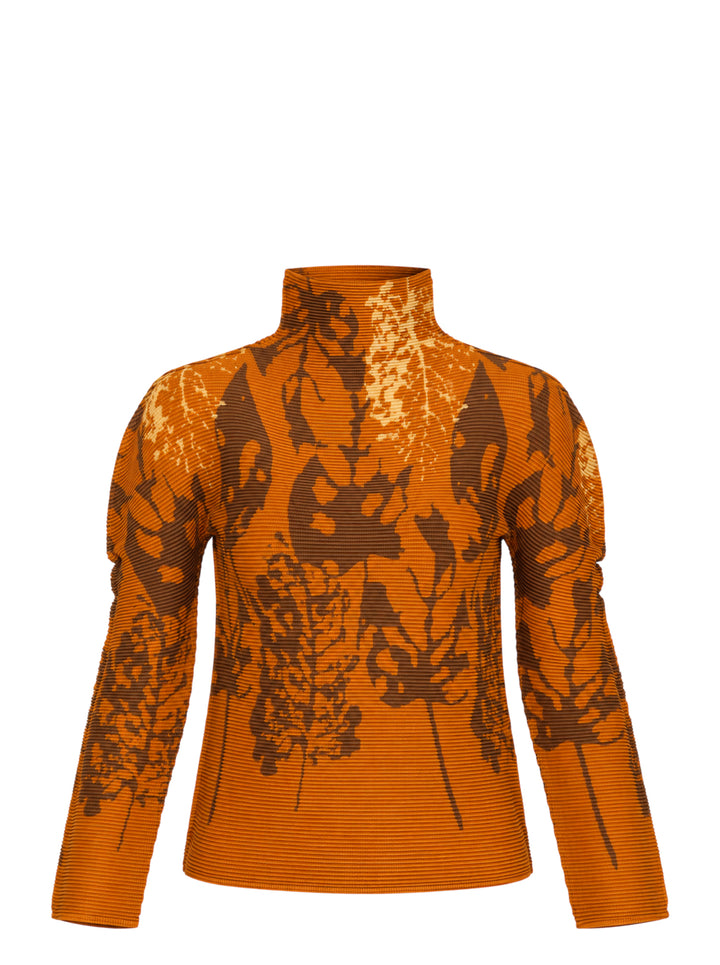 me Issey Miyake LEAF long sleeve high neck pleated top in amber orange with brown and pale gold botanical leaf print