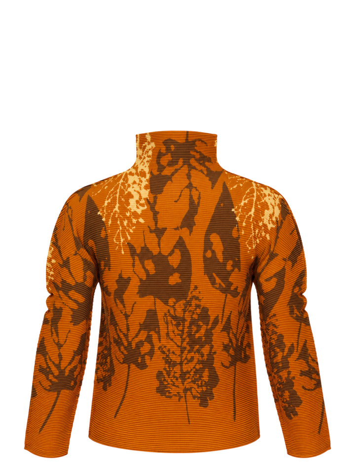 me Issey Miyake LEAF long sleeve high neck pleated top in amber orange with brown and pale gold botanical leaf print - view 2
