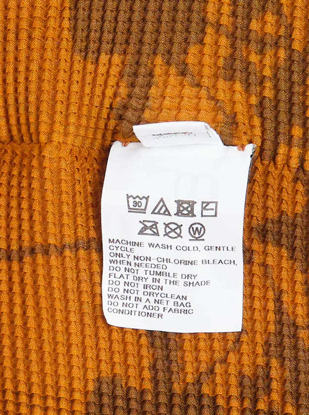me Issey Miyake LEAF long sleeve high neck pleated top in amber orange with brown and pale gold botanical leaf print - view 3