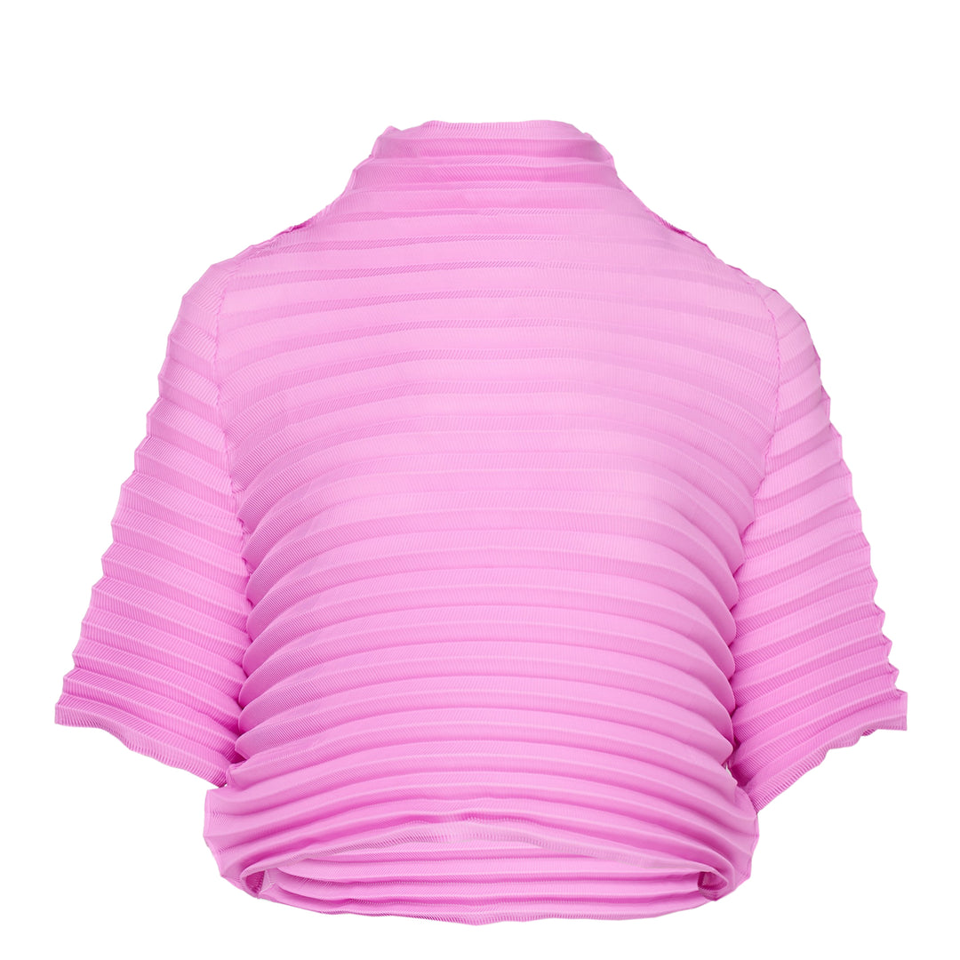 me Issey Miyake Accordion Stretch Pleats black mock-neck top with horizontal pleating and short sleeves, front view
