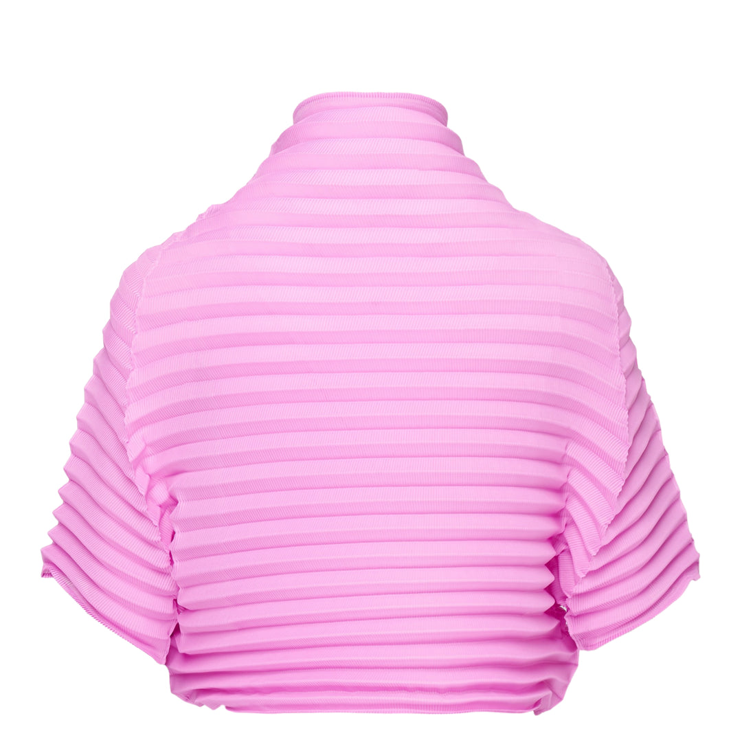 me Issey Miyake Accordion Stretch Pleats black mock-neck top with horizontal pleating and short sleeves, front view