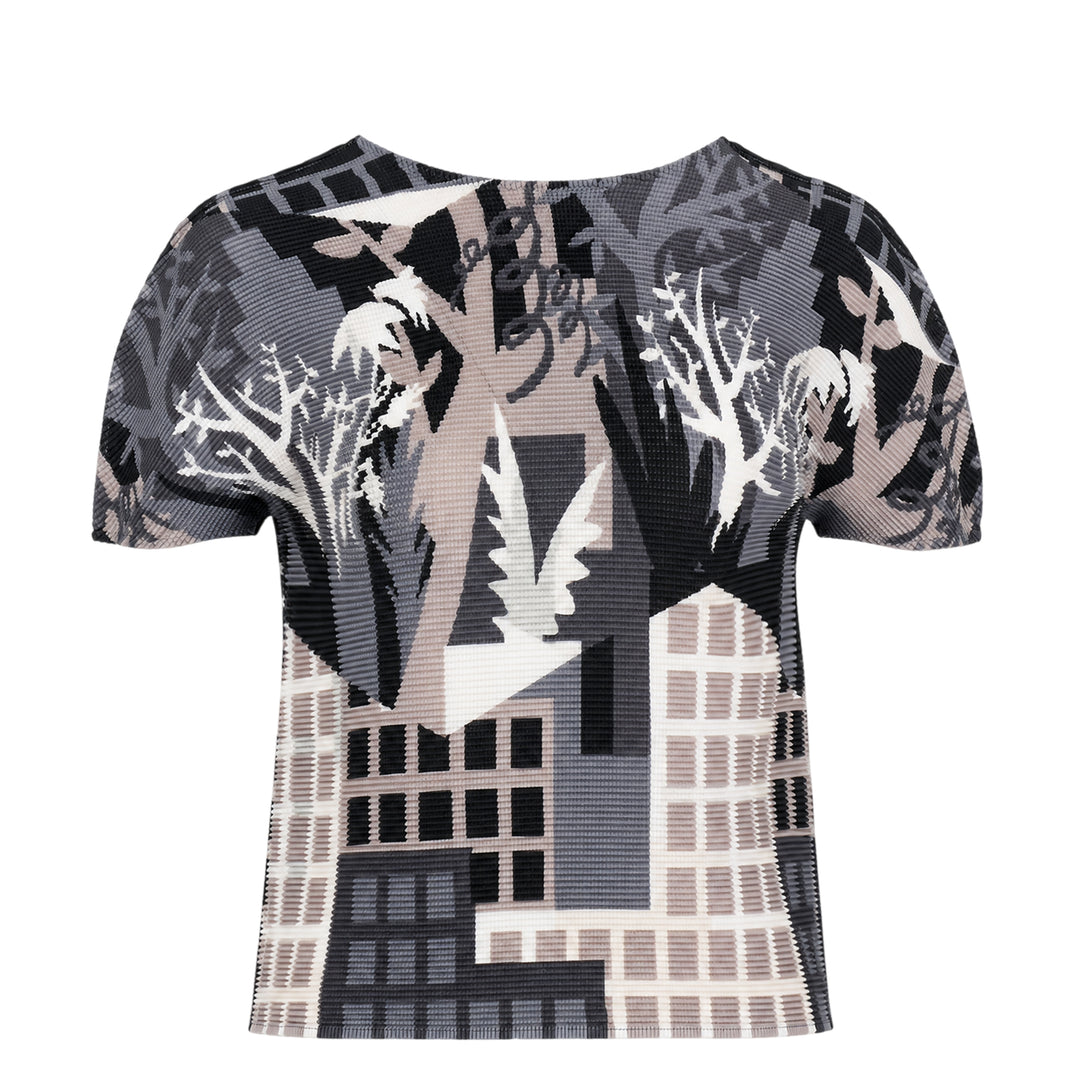 me Issey Miyake Building Short Sleeve Pleated Top with allover monochromatic cityscape and botanical graphic print