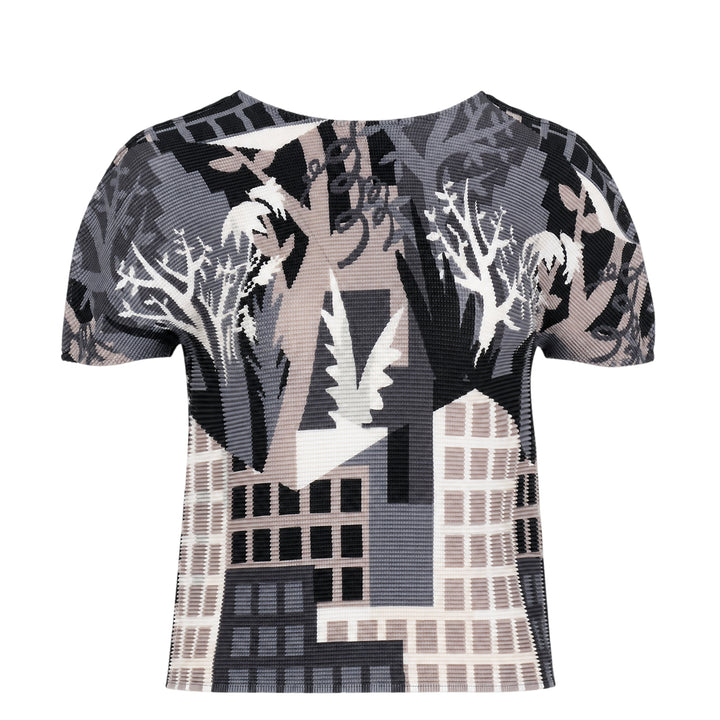me Issey Miyake Building Short Sleeve Pleated Top with allover monochromatic cityscape and botanical graphic print