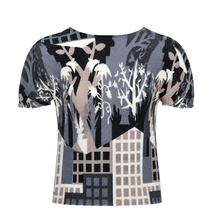 me Issey Miyake Building Short Sleeve Pleated Top with allover monochromatic cityscape and botanical graphic print