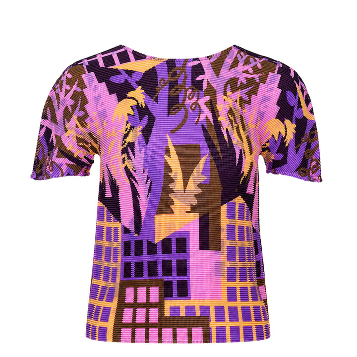 me Issey Miyake Building Short Sleeve Pleated Top with allover monochromatic cityscape and botanical graphic print
