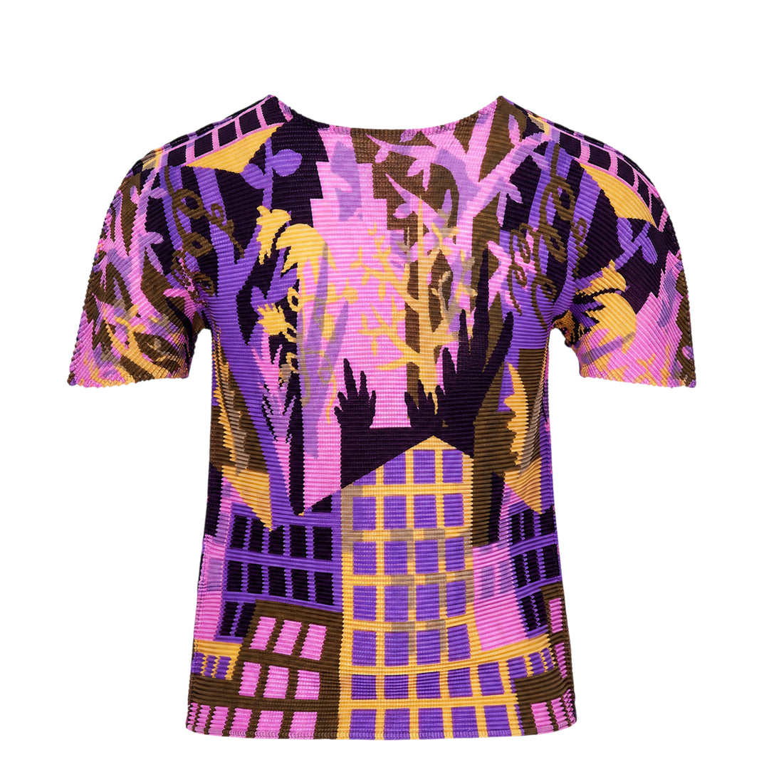 me Issey Miyake Building Short Sleeve Pleated Top with allover monochromatic cityscape and botanical graphic print
