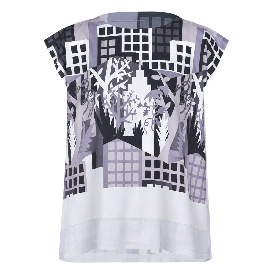 me Issey Miyake Building Print Cap Sleeve Top featuring an all-over graphic print of silhouetted urban buildings and botanical foliage in black, white, and muted violet-grey, shown from the front against a white background