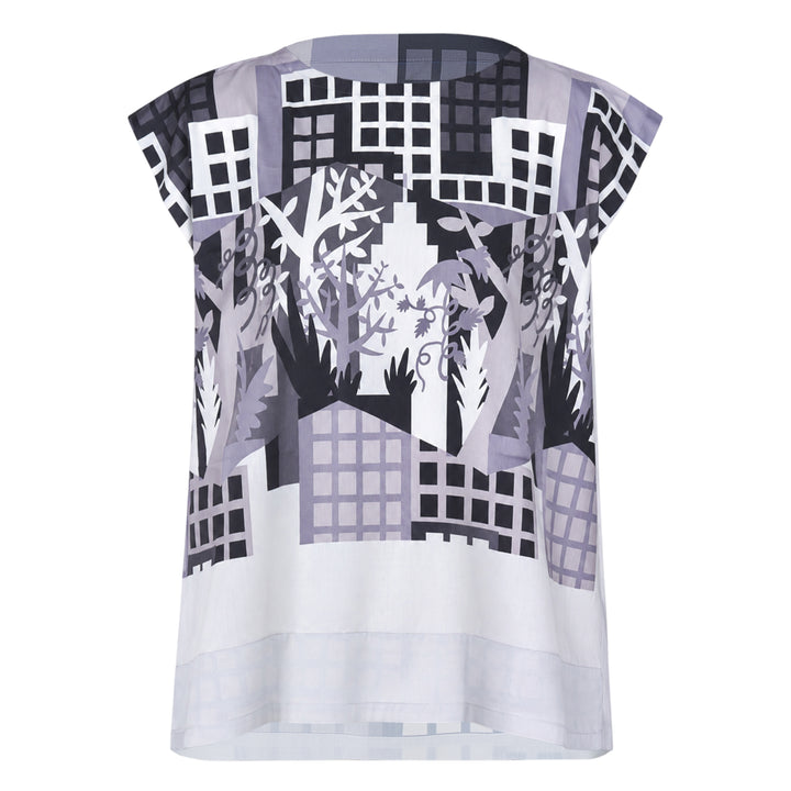 me Issey Miyake Building Print Cap Sleeve Top featuring an all-over graphic print of silhouetted urban buildings and botanical foliage in black, white, and muted violet-grey, shown from the front against a white background