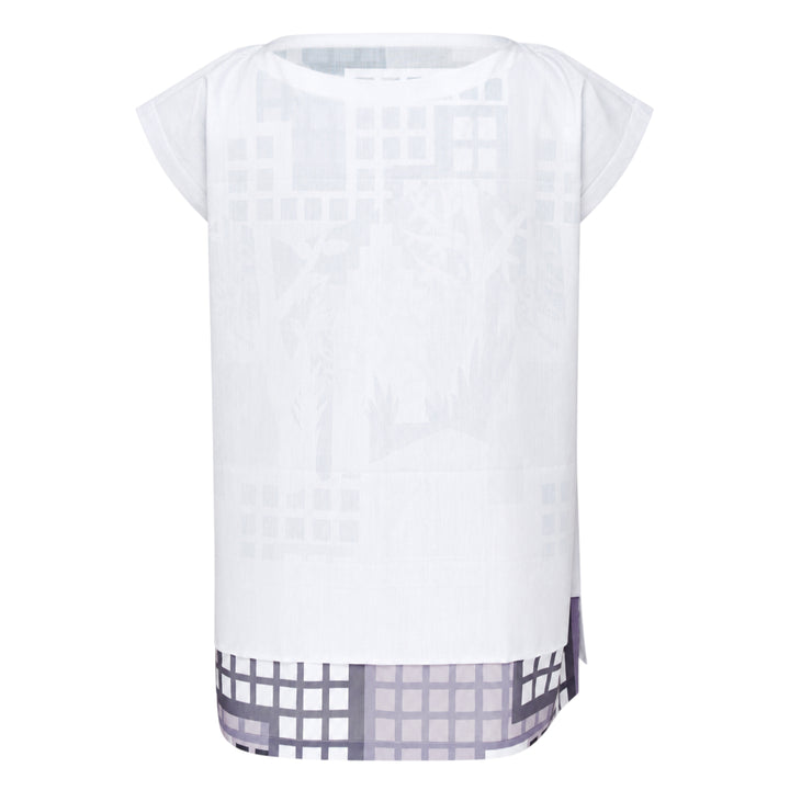 me Issey Miyake Building Print Cap Sleeve Top featuring an all-over graphic print of silhouetted urban buildings and botanical foliage in black, white, and muted violet-grey, shown from the front against a white background