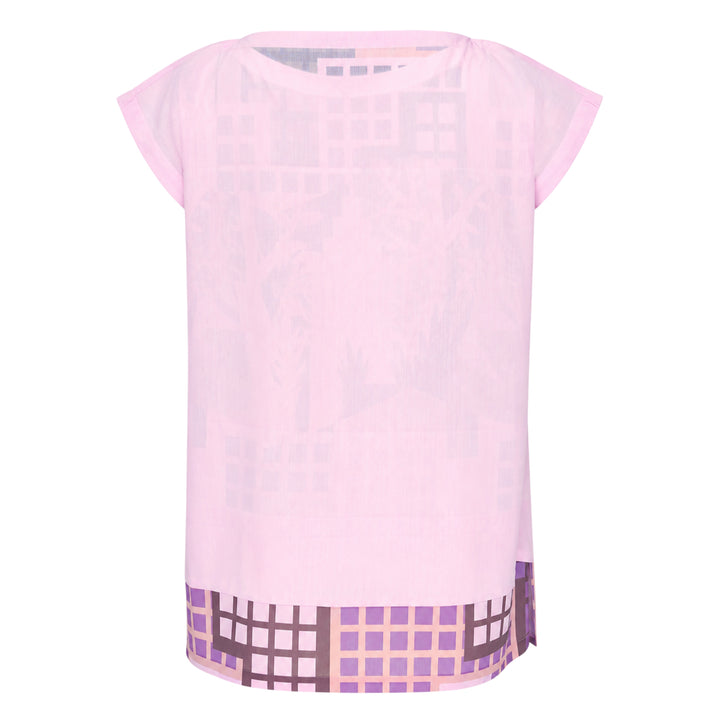 me Issey Miyake Building Print Cap Sleeve Top featuring an all-over graphic print of silhouetted urban buildings and botanical foliage in black, white, and muted violet-grey, shown from the front against a white background