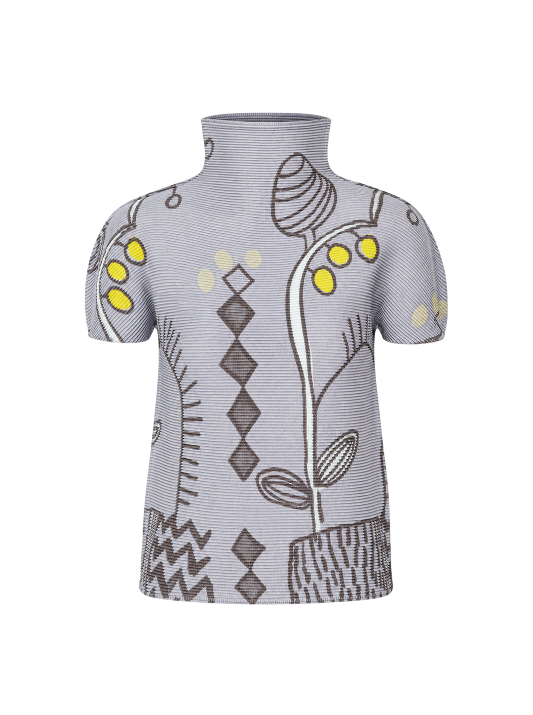 me Issey Miyake PLANT Short Sleeve Pleated Top in lavender with all-over botanical and geometric print, featuring a turtleneck collar and short puff sleeves