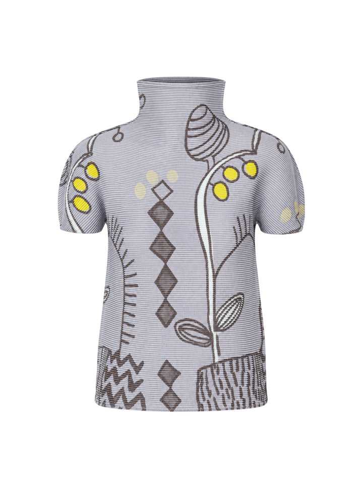me Issey Miyake PLANT Short Sleeve Pleated Top in lavender with all-over botanical and geometric print, featuring a turtleneck collar and short puff sleeves