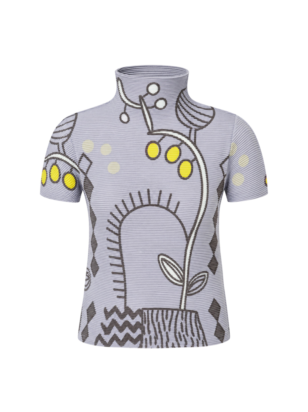 me Issey Miyake PLANT Short Sleeve Pleated Top in lavender with all-over botanical and geometric print, featuring a turtleneck collar and short puff sleeves - view 2