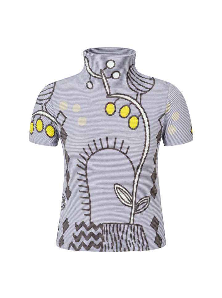 me Issey Miyake PLANT Short Sleeve Pleated Top in lavender with all-over botanical and geometric print, featuring a turtleneck collar and short puff sleeves - view 2