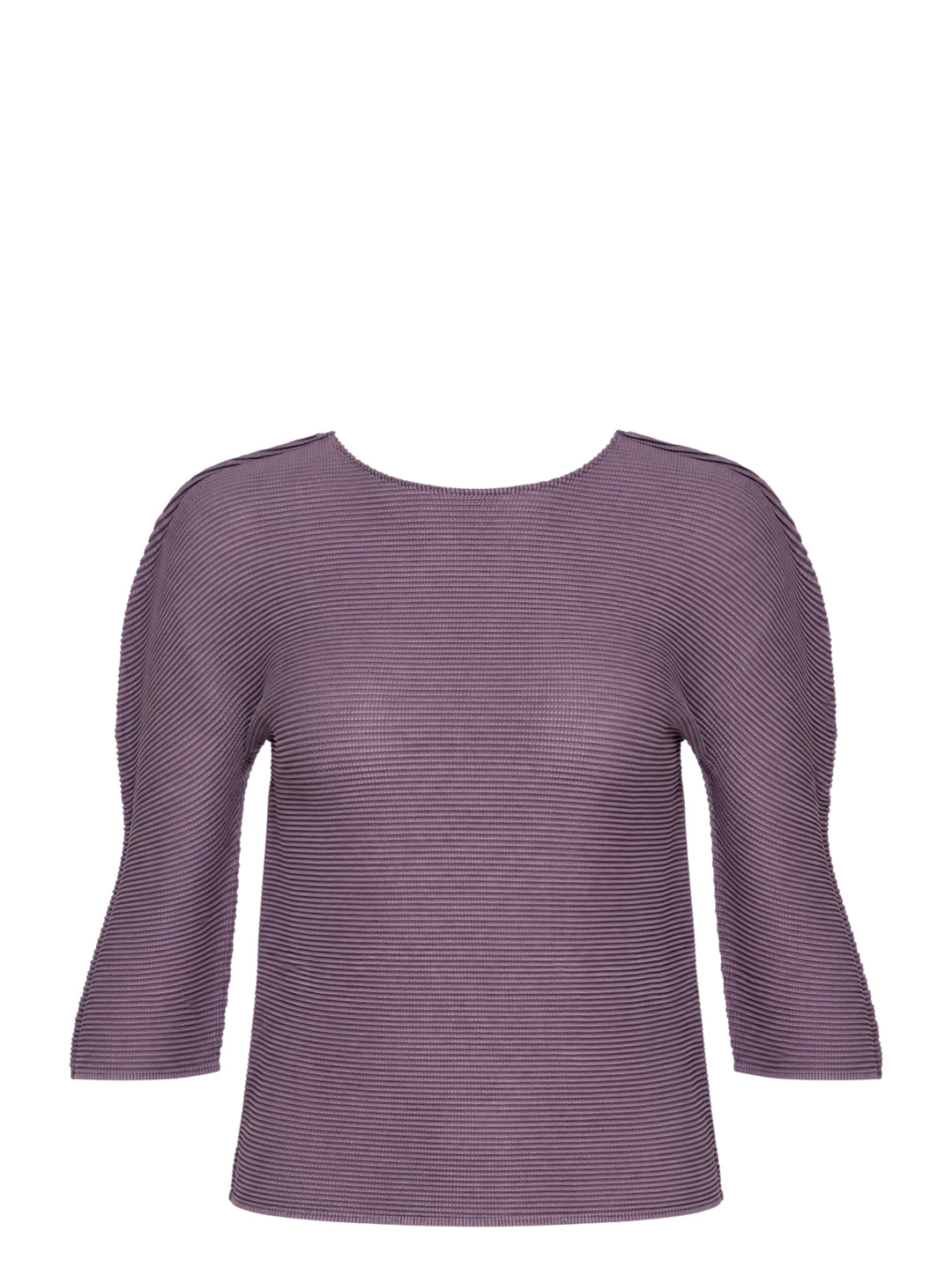 me Issey Miyake Stretch Pleats 4 top in mauve with fine horizontal pleating, round neckline and three-quarter sleeves