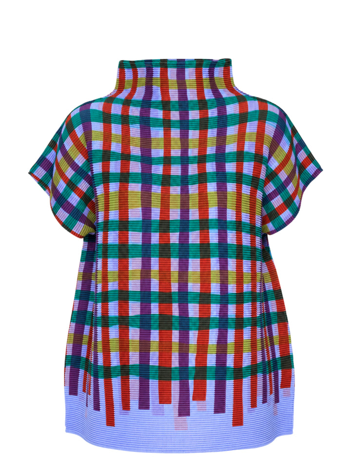 me Issey Miyake Tape Check pleated short-sleeve top with funnel neck and multicolour check print in red, purple, green, yellow and lilac