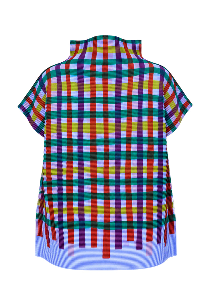 me Issey Miyake Tape Check pleated short-sleeve top with funnel neck and multicolour check print in red, purple, green, yellow and lilac - view 2