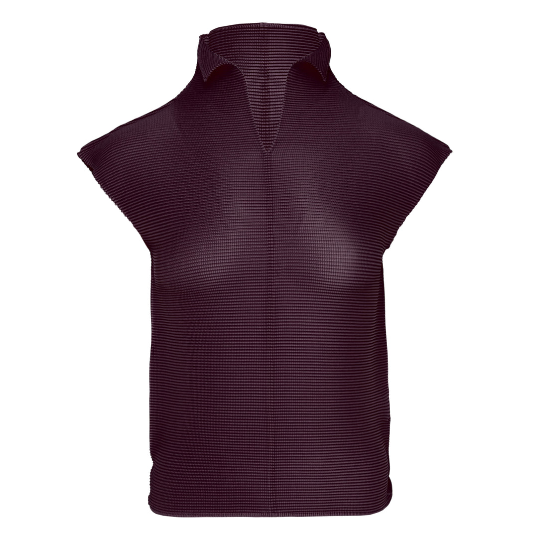 me Issey Miyake Stretch Pleats 2 sleeveless top in deep burgundy, featuring all-over micro-pleated texture, a high stand collar with centre V-notch, and a broad structured shoulder line