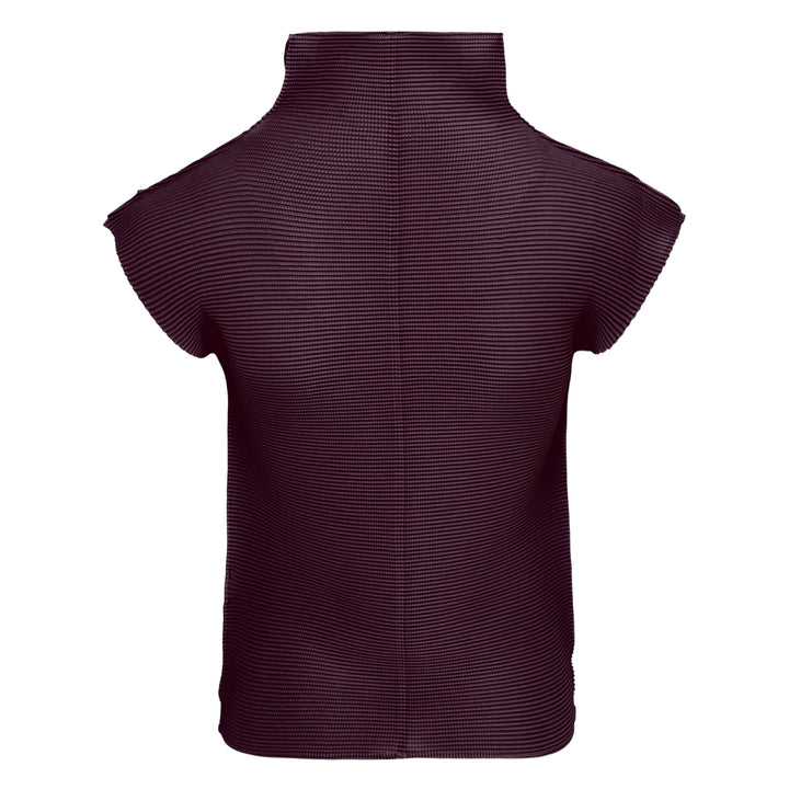me Issey Miyake Stretch Pleats 2 sleeveless top in deep burgundy, featuring all-over micro-pleated texture, a high stand collar with centre V-notch, and a broad structured shoulder line